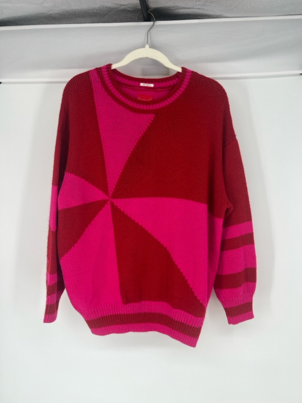 MOTHER The Easy Drop Pink & Red Geometric Wool Alpaca Crewneck Sweater Jumper M